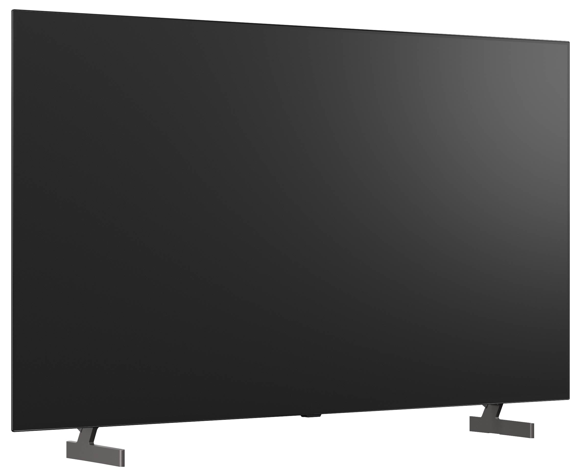 Velký televizer s plochým LCD panelem s prázdnou černou obrazovkou na stojících nožičkách na bílém pozadí.