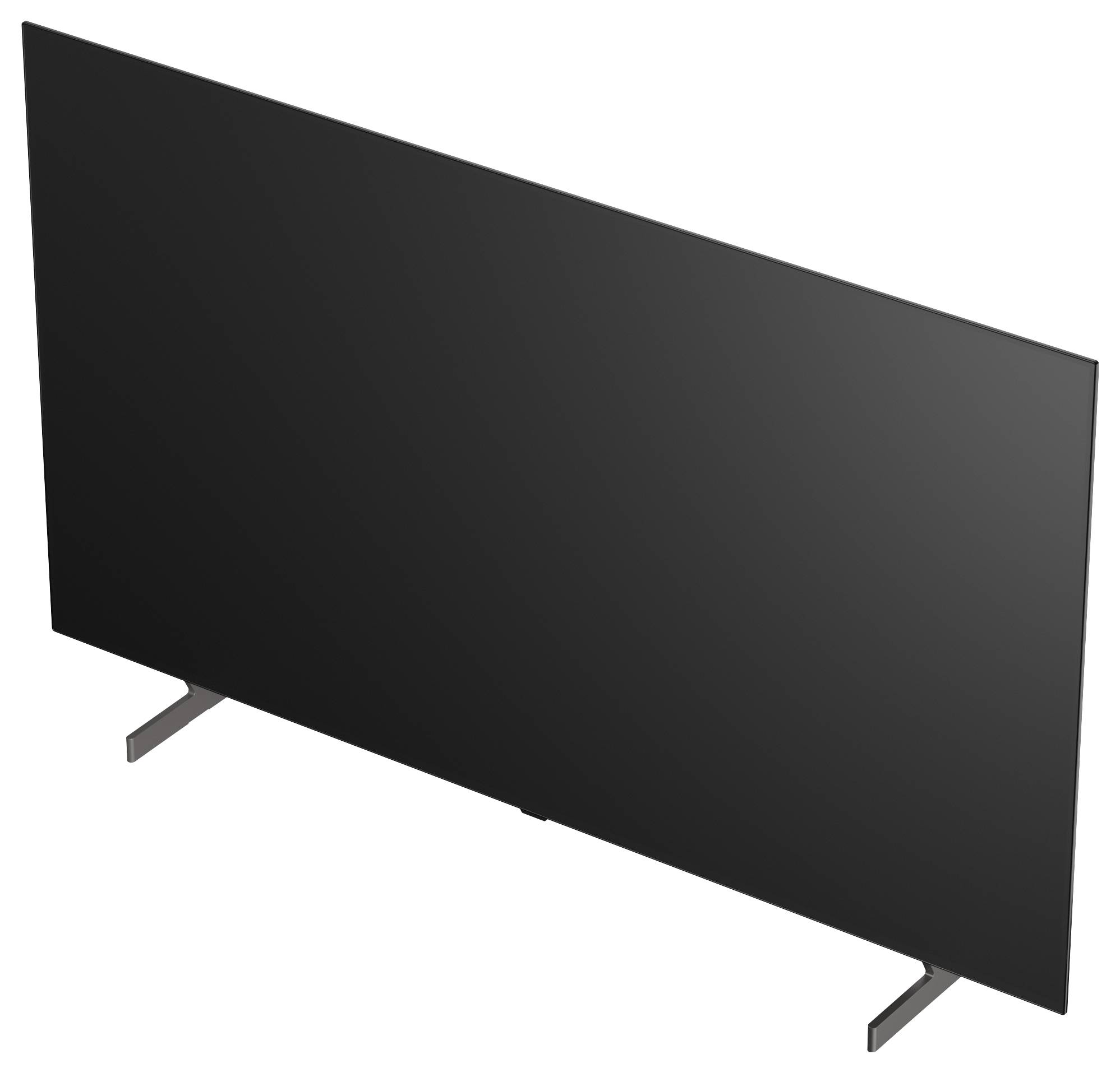 Černá plochá televize nebo monitor na dvou stojácích nohách, zobrazené v úhlu na bílém pozadí.