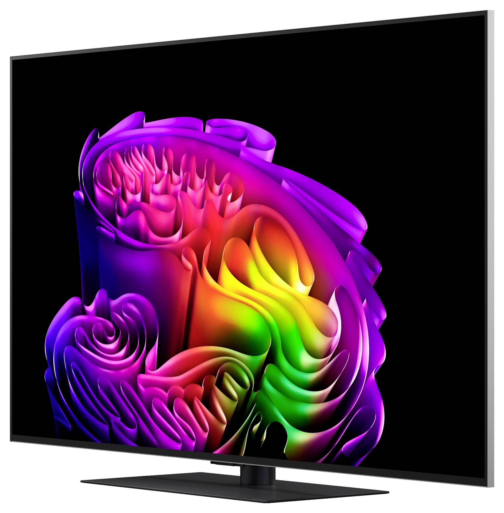 Televize s plochou obrazovkou zobrazující barevný abstraktní duhu ve tvaru vířícího víru na černém pozadí, zobrazená v 3D pohledu produktu se stojanem.