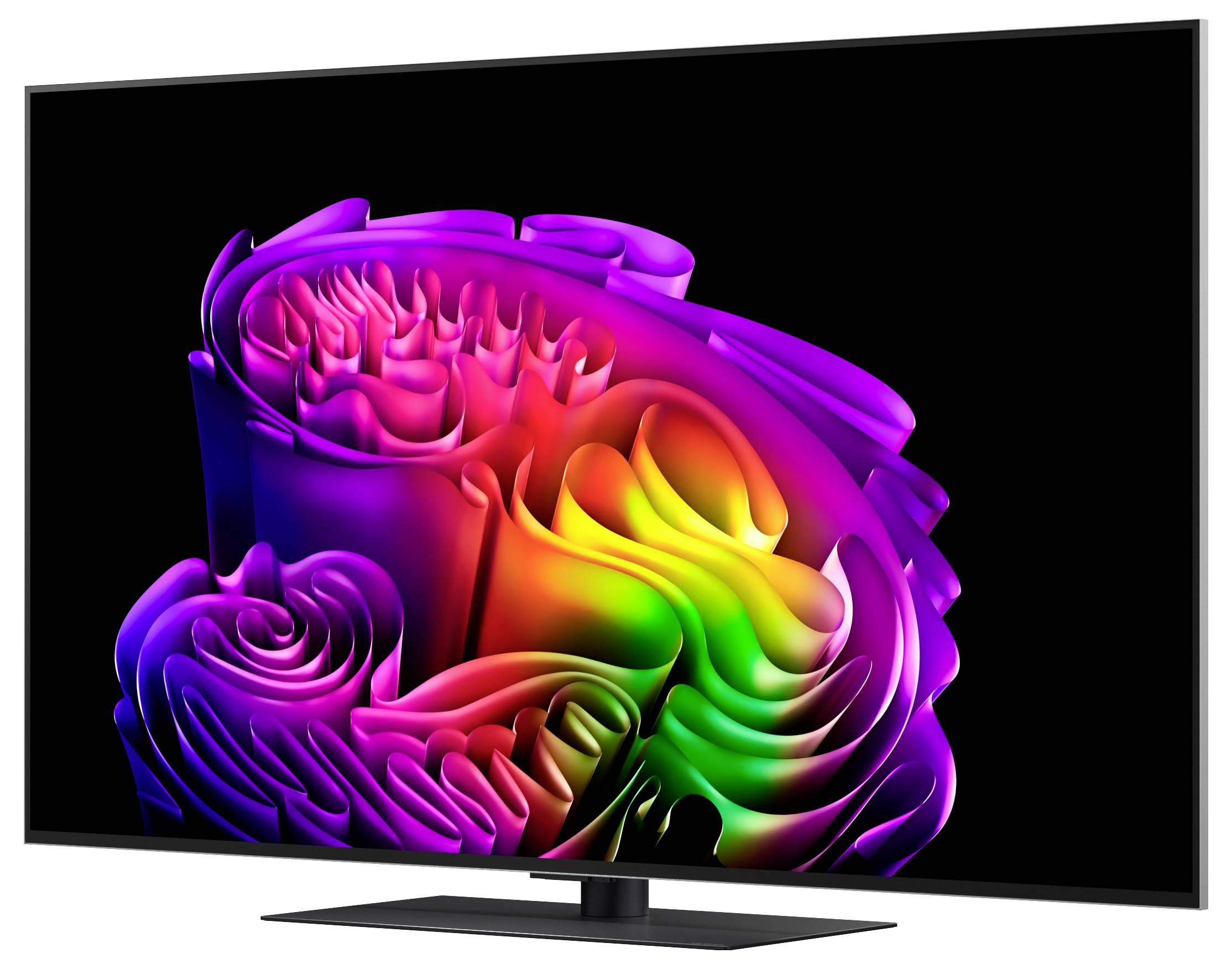 Moderní televizor s plochou obrazovkou zobrazující barevný abstraktní duhu s vířícím vzorem na černém pozadí, zobrazený v úhlu na podstavci.