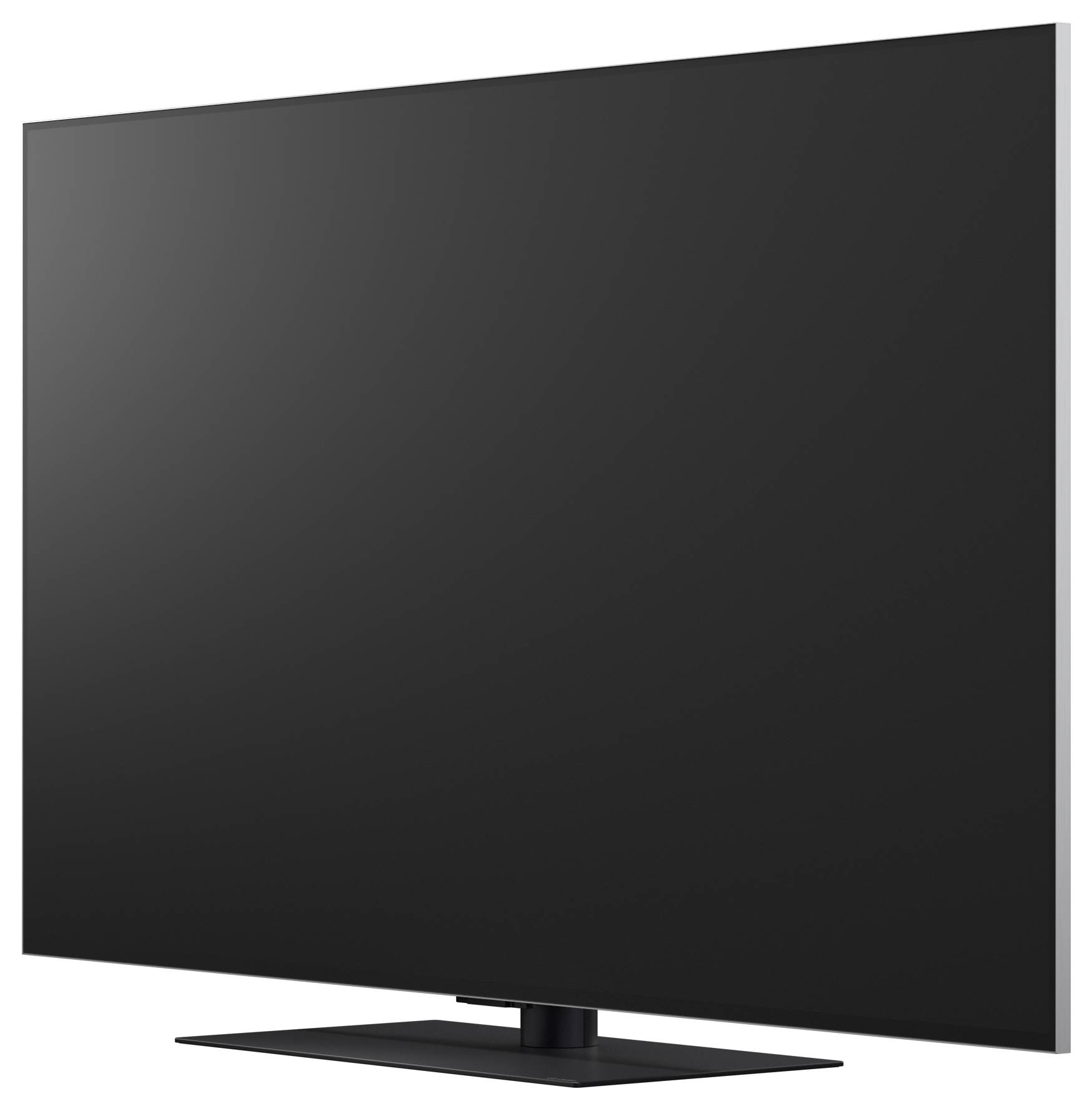 Černá televize s plochým displejem nebo monitor na stojanu, zobrazené v pohledu zepředu na bílém pozadí.