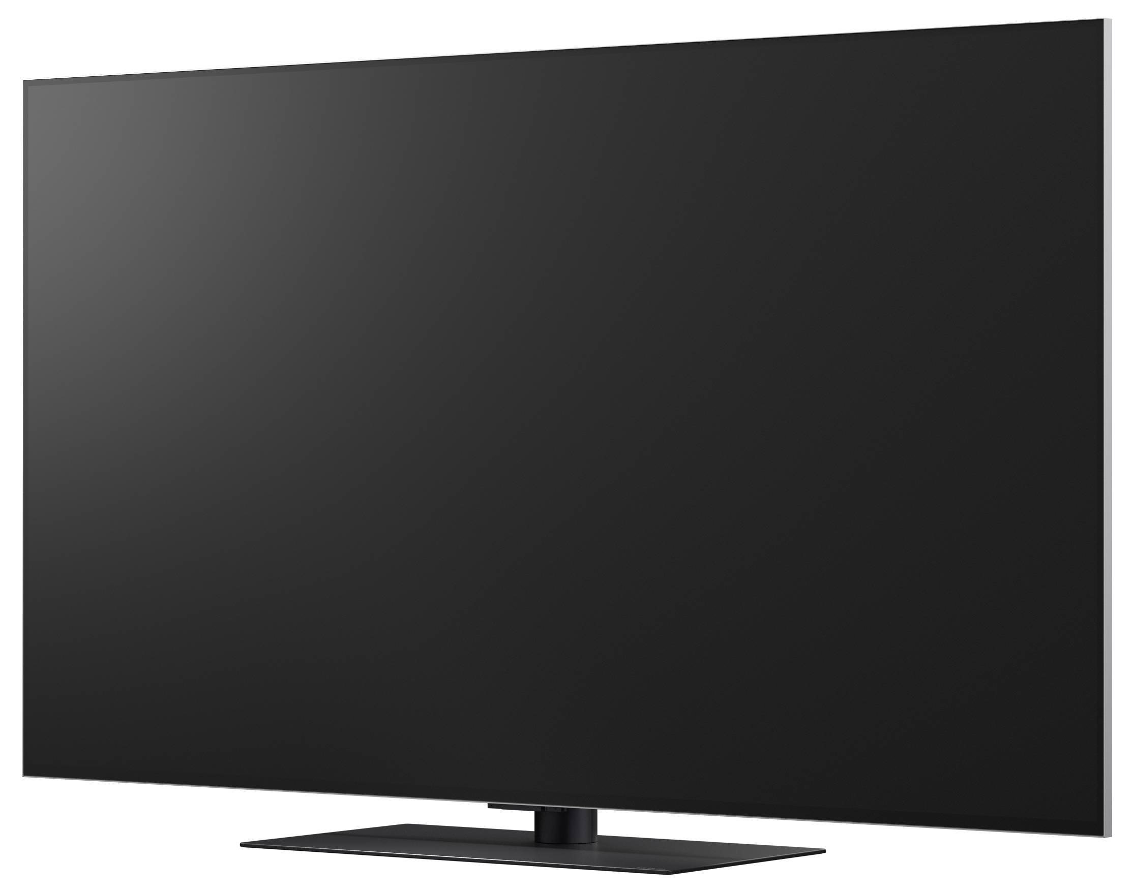 Přední pohled na velkou černou televizi s plochým displejem na stojanu, zobrazené vypnuté na bílém pozadí.