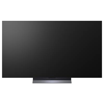 Televize s plochým displejem s tmavou, prázdnou obrazovkou na stojanu.