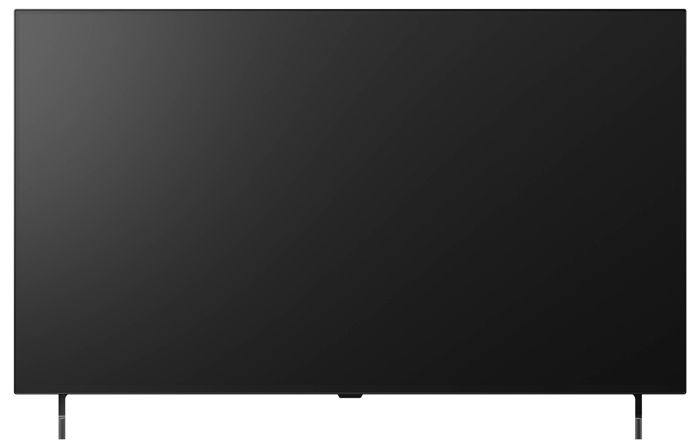 Černá plochá televize na podstavci proti bílému pozadí.
