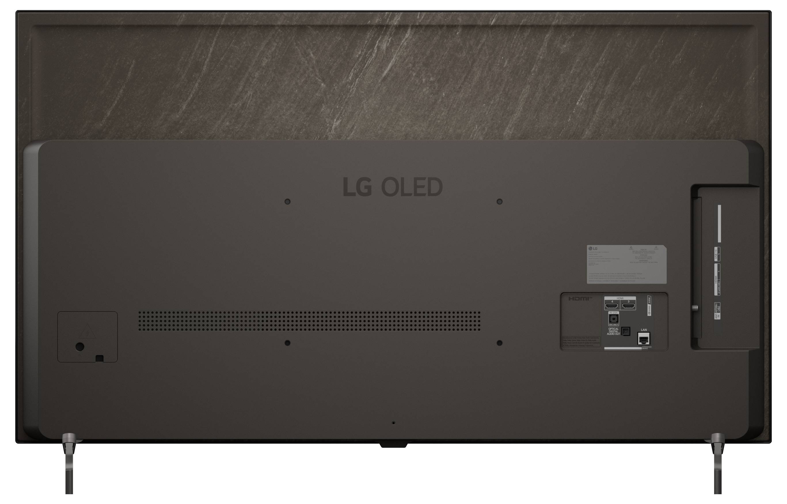 Zadní pohled na televizor LG OLED na stojanu, ukazující porty zadního panelu, větrací mřížku a připojený napájecí kabel.