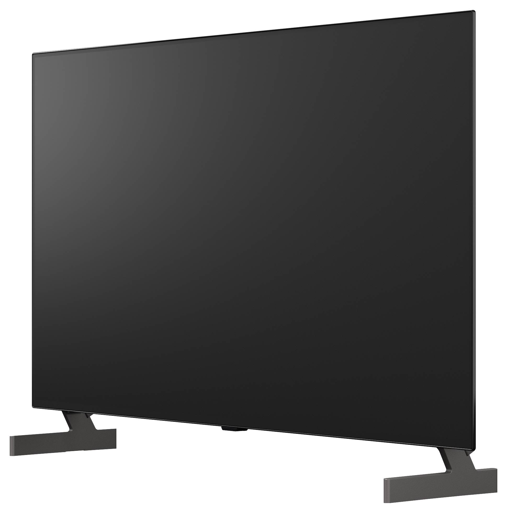 Černá plochá televize s plochým displejem na bílém pozadí, zobrazená v mírném úhlu se připojeným stojanem.