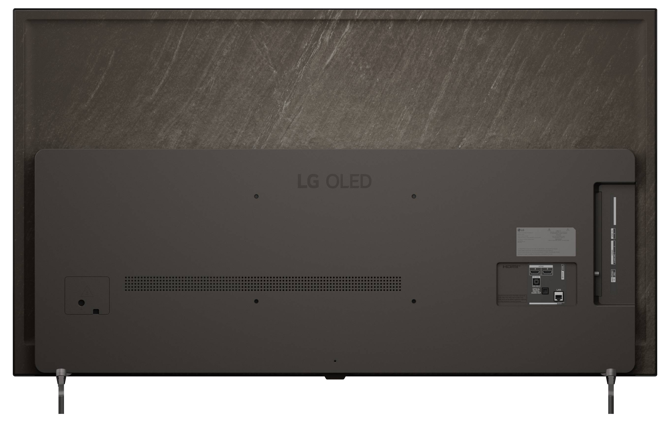 Zadní pohled na televizor LG OLED na podstavci, ukazující přípojné porty a panel pro přístup ke kabelům.
