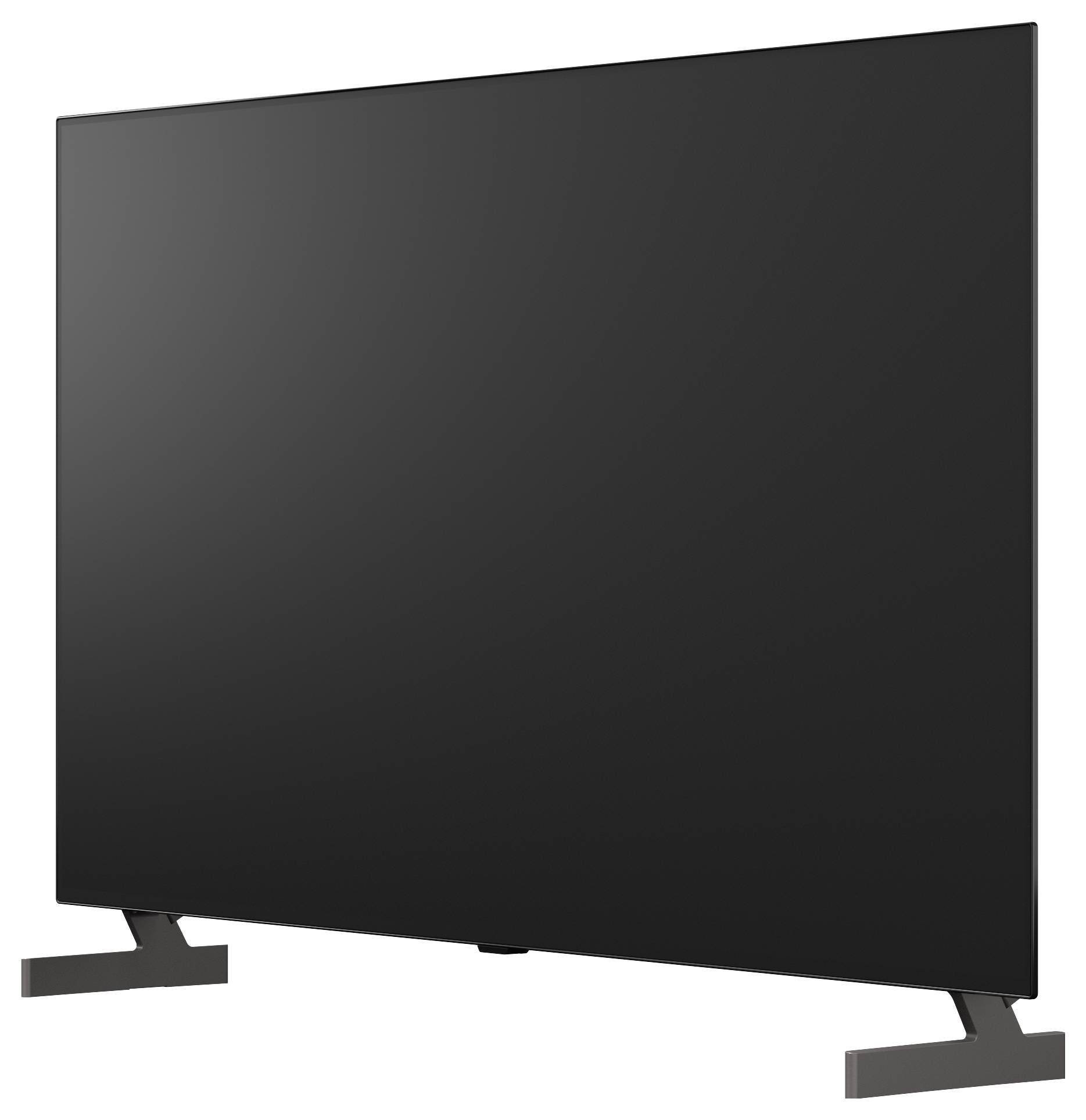 Černá plochá televize na stojanu, zobrazená zepředu na bílém pozadí.