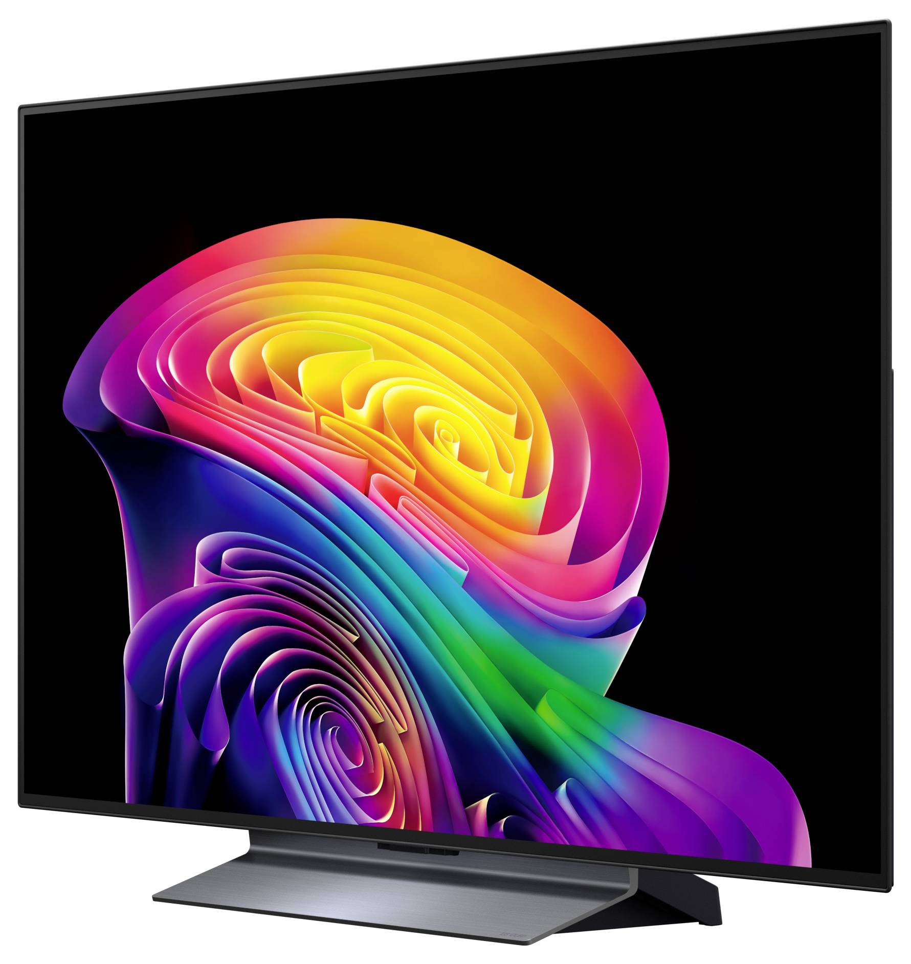 Televize s plochým displejem zobrazující živou abstraktní neonovou tapetu se zvlněným vzorem na černé obrazovce, umístěná na stojanu před jednoduchou pozadí.