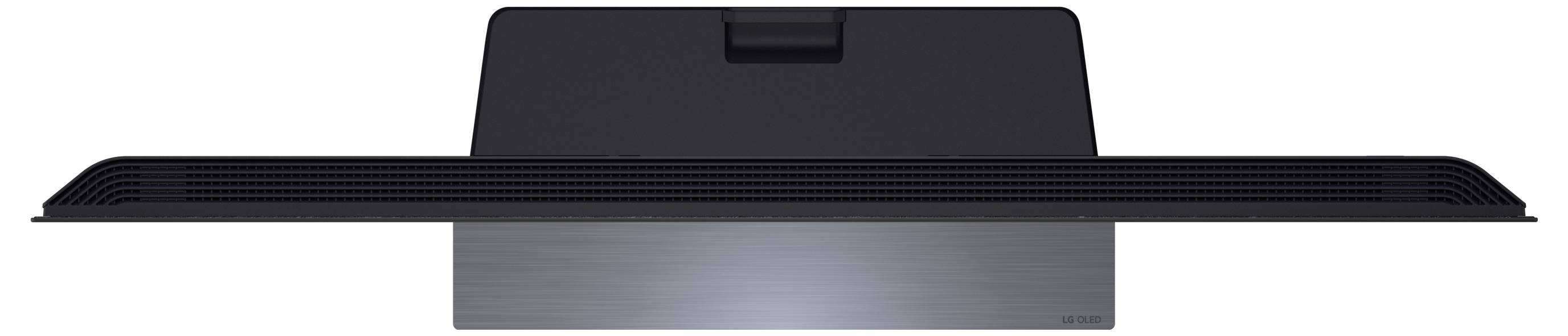Přední pohled na černý monitor s panoramatním formátem s centrálním stojanem, zobrazeného na bílém pozadí.