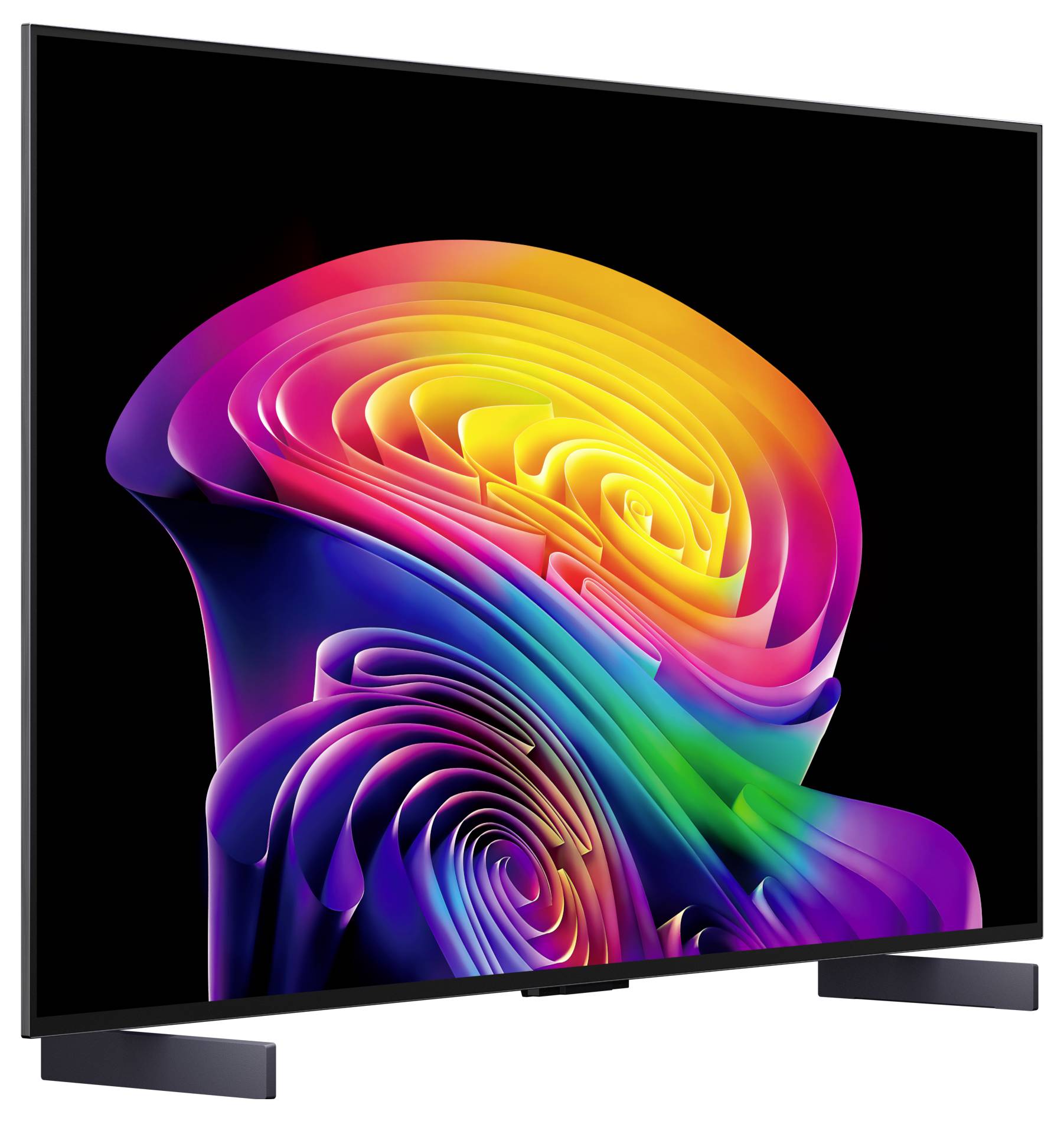 Plochá televize zobrazující barevný abstraktní spirálový design na černé obrazovce, zobrazená v tříčtvrtinové perspektivě na stojanu.