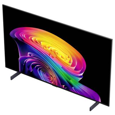 Elegantní plochá televize na bílém pozadí zobrazuje živou abstraktní duhu se vzorem vírení na černé obrazovce, zobrazené v šikmé perspektivě.