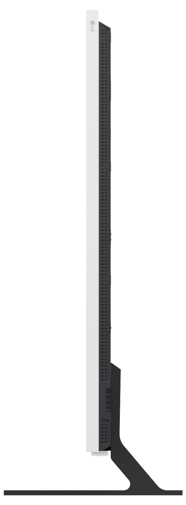Štíhlé černé svislé zařízení nebo montážní držák s bílým předním panelem a šikmou základnou na zwykłém pozadí.