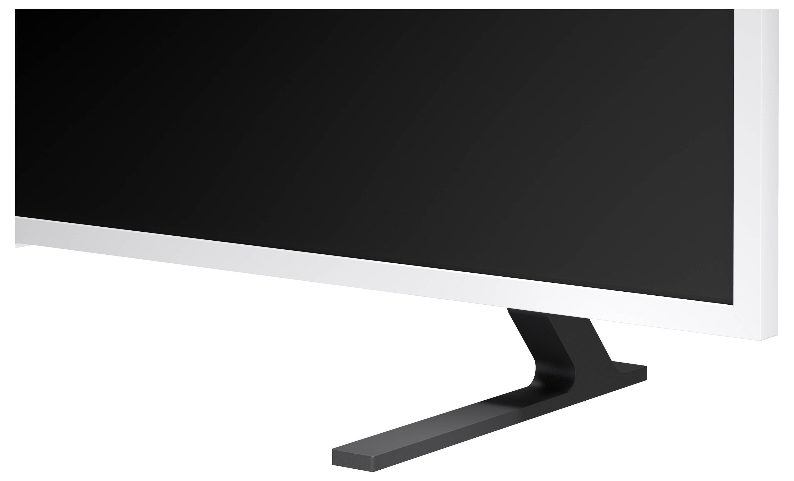 Detailní pohled na moderní monitor s plochou obrazovkou s černým displejem a bílým rámem na stojanu.