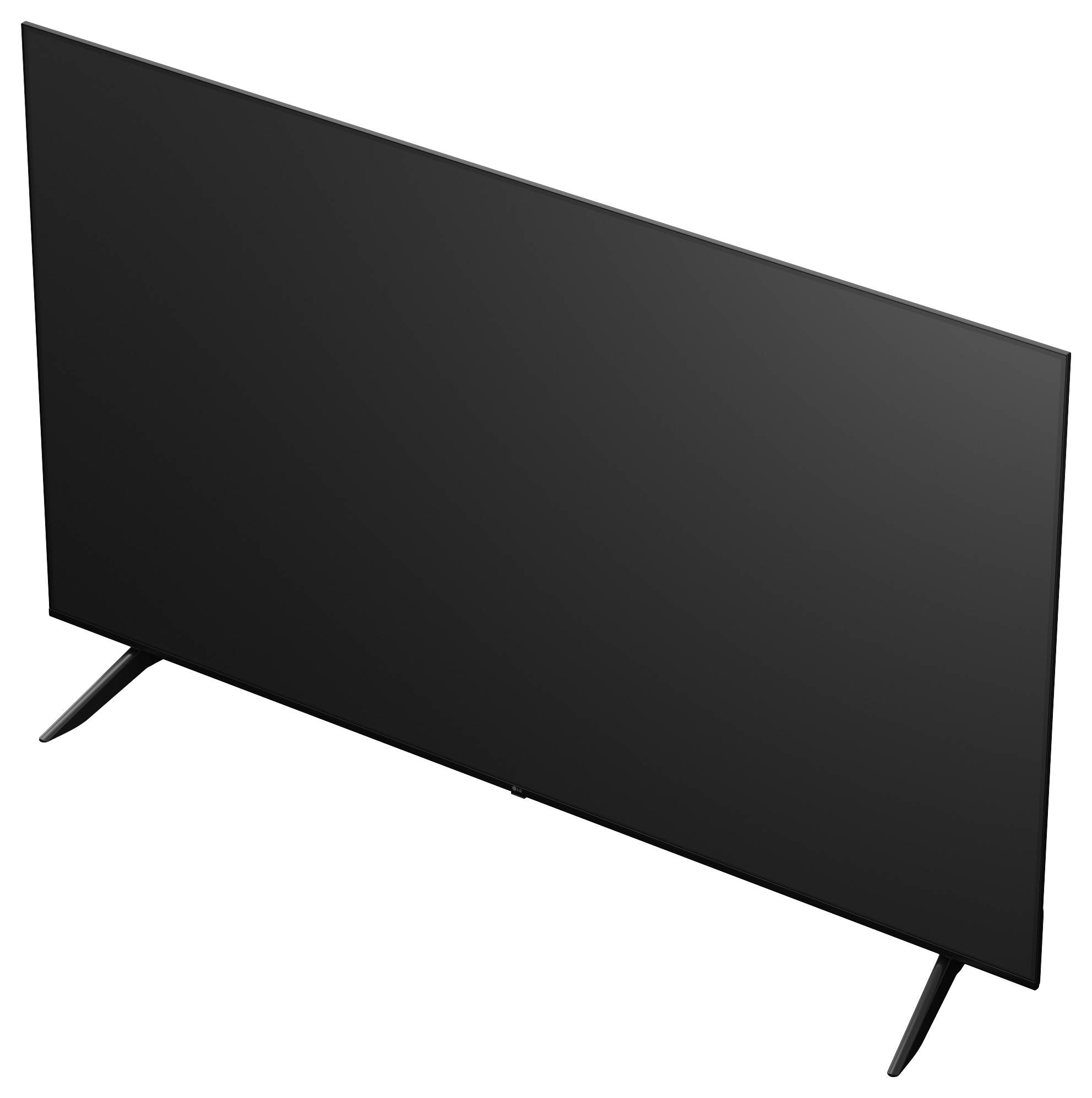 Černá plochá TV obrazovka na dvou šikmých nohách, zobrazená zpředu zleva na bílém pozadí.