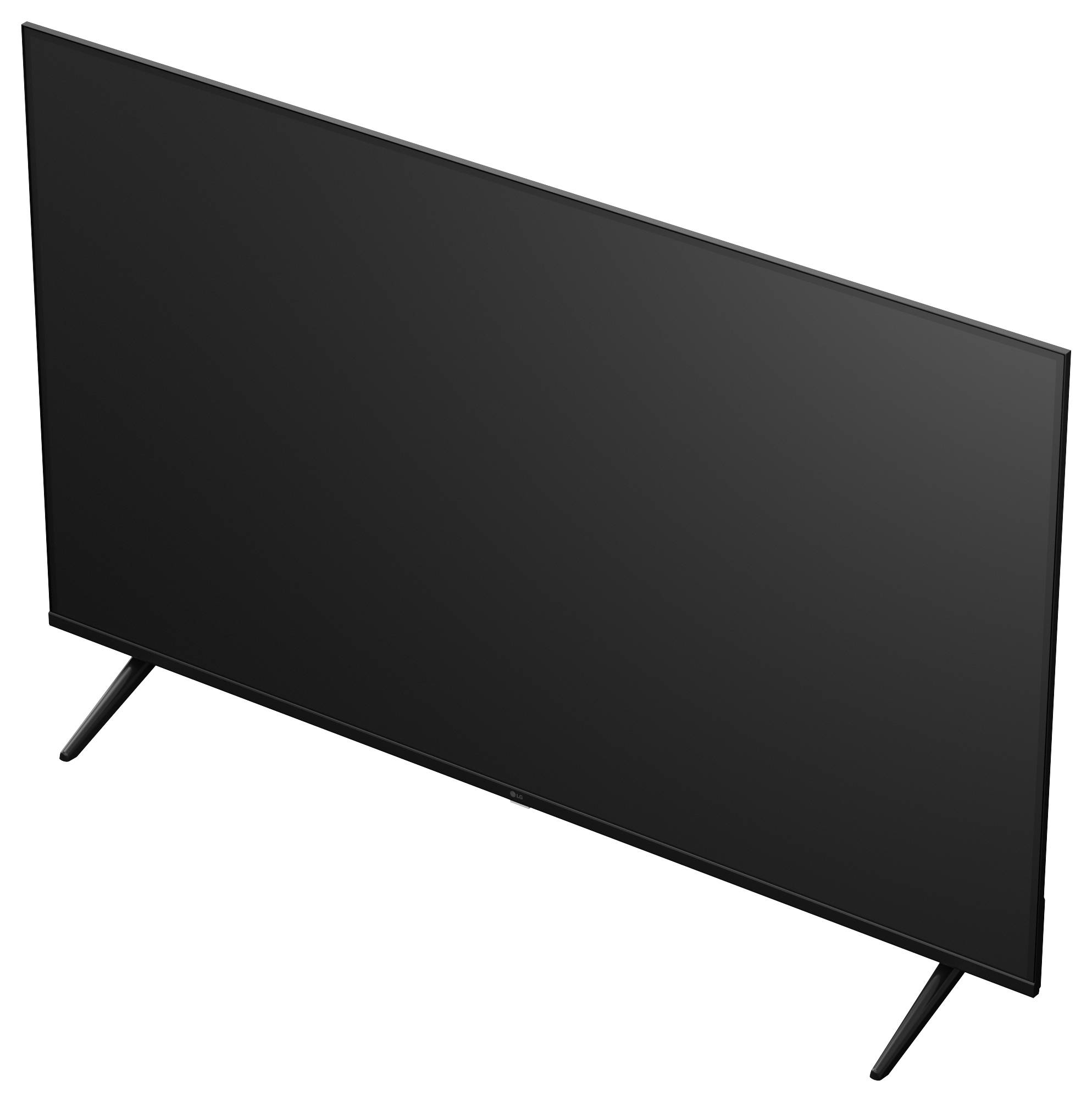 Černý plochý televizor na dvou skloněných nohou stojanu, zobrazený na bílém pozadí.