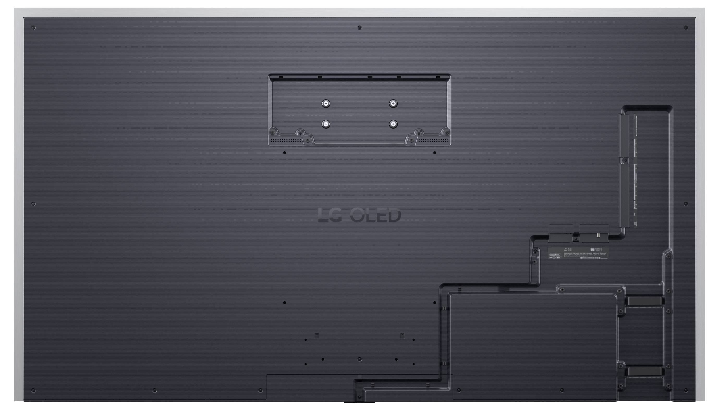 Zadní strana OLED televize LG zobrazující velký černý zadní panel s body pro připevnění a kanály pro vedení kabelů na pravé straně.