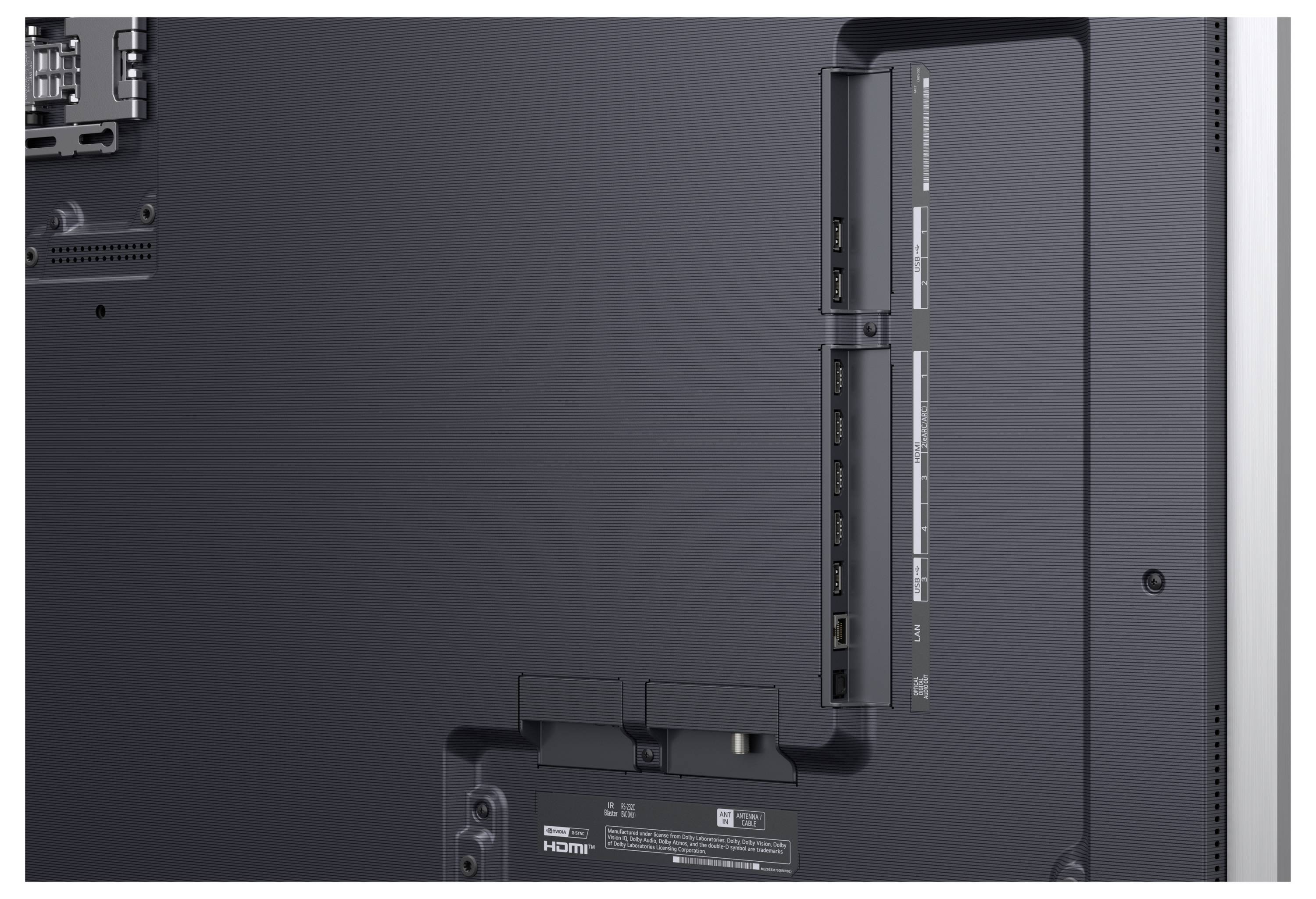Zadní pohled na plochý televizor zobrazující vstupní porty, HDMI konektory a panel napájení na zadní straně skříně.
