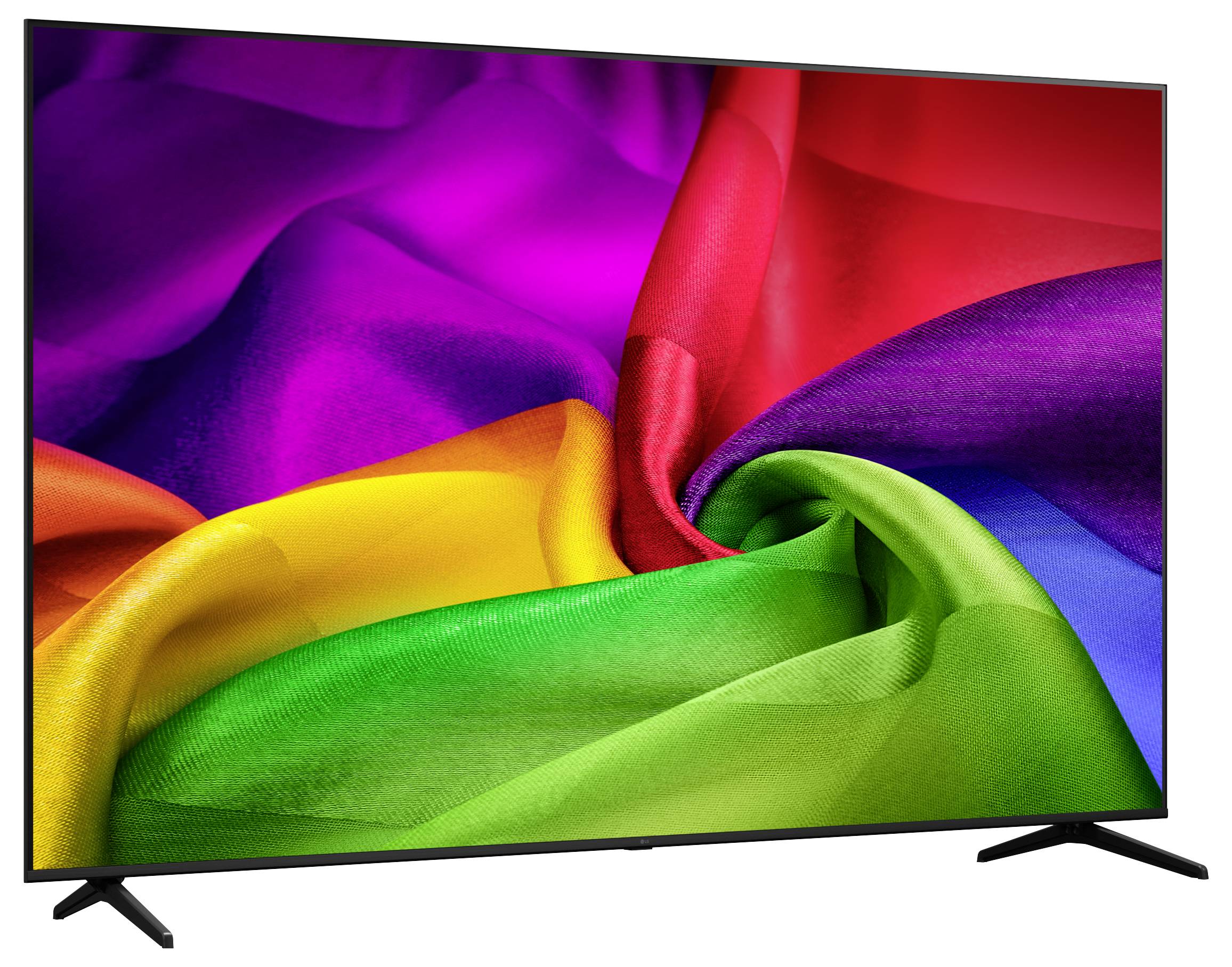 Plochá televize zobrazující živou abstraktní představu proudícího duhově barevného látky nebo hedvábí na bílém pozadí.