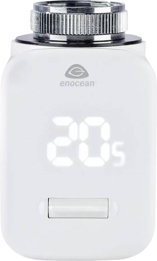 Bílý elektronický radiátorový termostat EnOcean zobrazující 20,5 na digitálním displeji s kovovým regulačním otočným knoflíkem nahoře.
