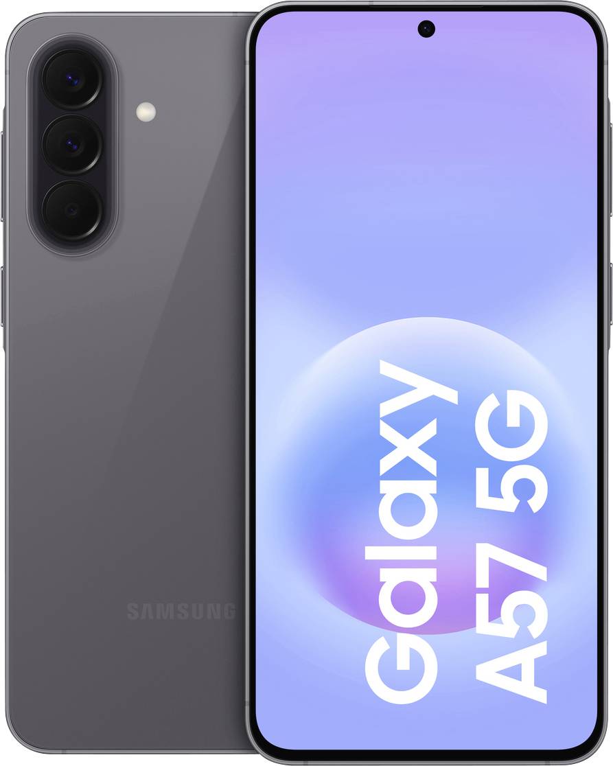 Samsung Galaxy A57 5G chytrý telefon zobrazený z přední a zadní strany v tmavě šedé barvě, s trojitým zadním fotoaparátem a displejem označeným 'Galaxy A57 5G'.