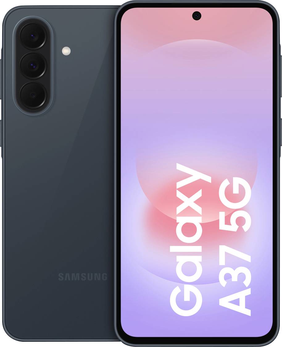 Samsung Galaxy A37 5G chytrý telefon zobrazený zepředu a zezadu, se třemi zadními fotoaparáty a ružovo-fialovu značkou displeje.