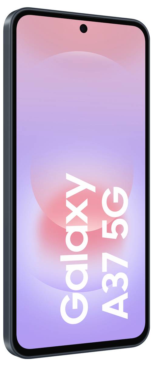 Smartphone Samsung Galaxy A37 5G zobrazený pod úhlem s růžovo-fialově gradientní obrazovkou a centrovanou dírkou pro přední fotoaparát.
