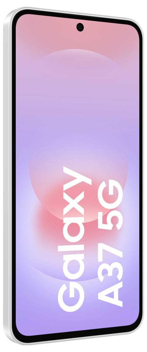 Samsung Galaxy A37 5G smartphone zobrazený z přední strany s růžovo-fialovým gradientem obrazovky a středově umístěnou punch-hole kamerou