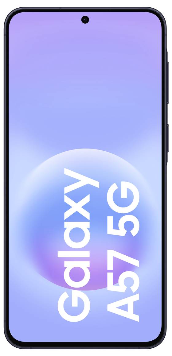 Smartphone Samsung Galaxy A57 5G zobrazený zepředu s modro-fialovou gradientní obrazovkou a centrálně umístěnou kamerou s otvorem.