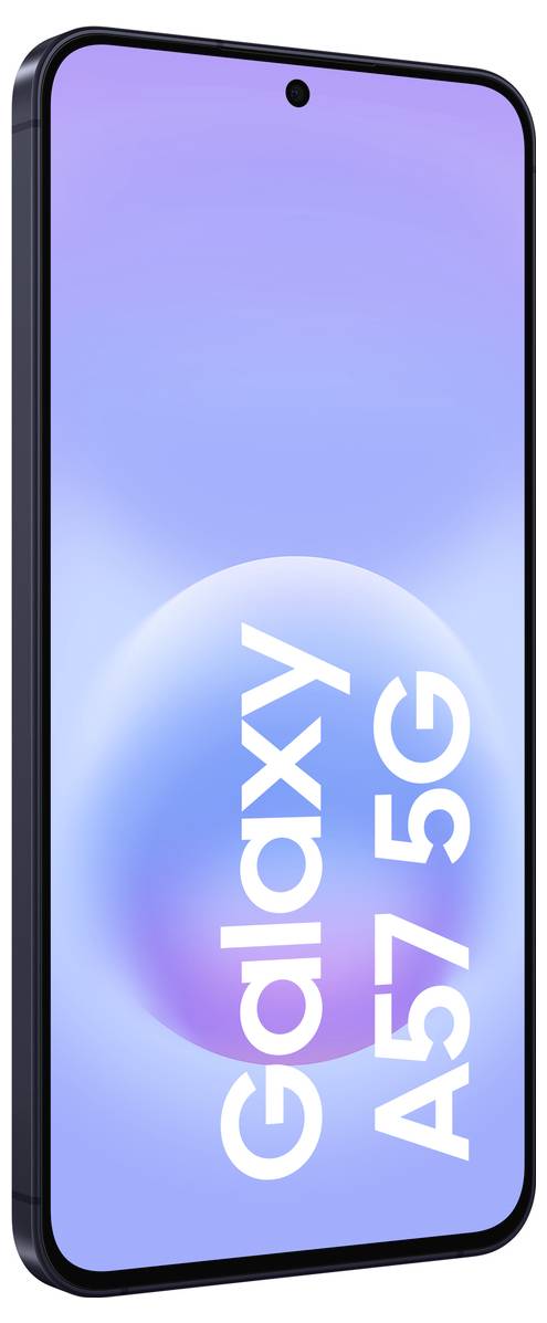 Smartphone Galaxy A57 5G zobrazený v úhlu, s modrým až fialovým přechodem na obrazovce zobrazující logo "Galaxy A57 5G".