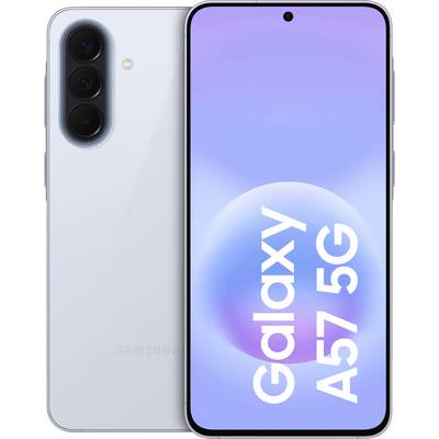 Samsung Galaxy A57 5G smartphone zobrazený zepředu i zezadu, s trojitým zadním fotoaparátem a modro-fialowym displejem s textem 'Galaxy A57 5G'.