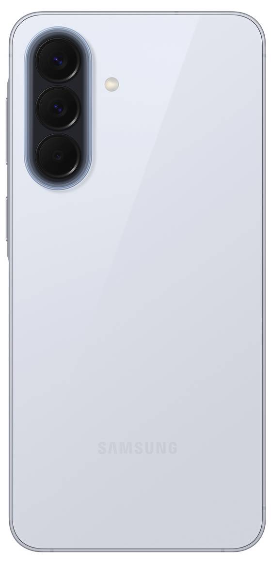 Zadní strana světle modrého smartphonu Samsung se třemi vertikálně zarovnanými zadními fotoaparáty a malým bleskem v blízkosti levého horního rohu.