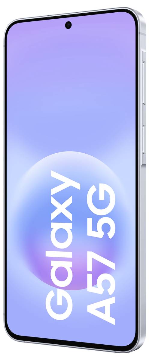 Smartphone Galaxy A57 5G zobrazený v úhlu s modrofialovou obrazovkou a centrálním otorem kamery.