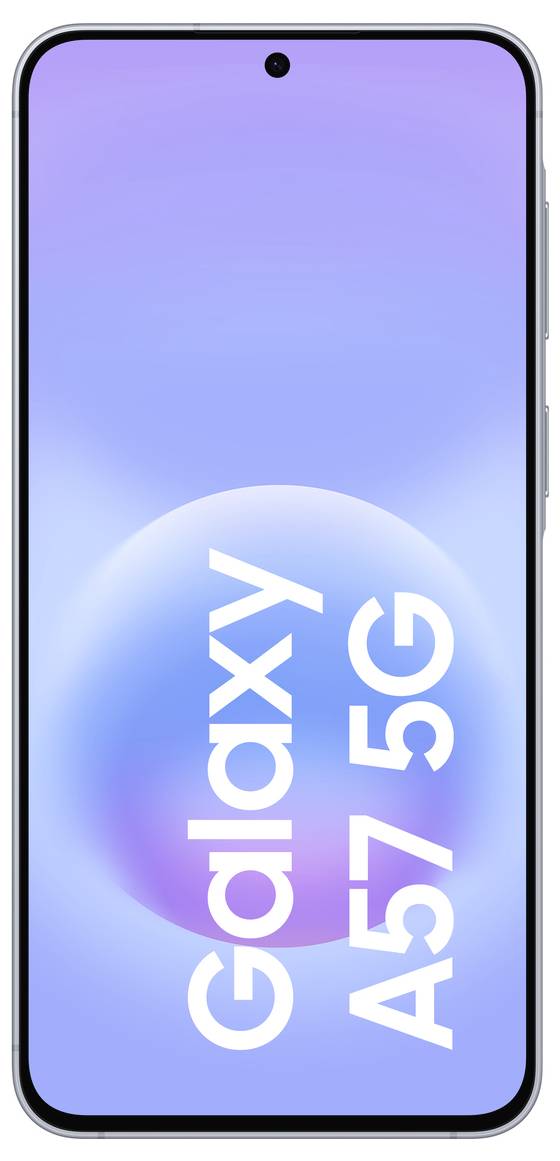 Přední pohled na chytrý telefon Samsung Galaxy A57 5G s modro-fialově přechodovým displejem zobrazujícím logo 'Galaxy A57 5G'.