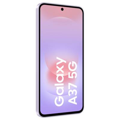 Samsung Galaxy A37 5G smartphone zobrazený v přední pohledu na obrazovce s gradientem od růžové k fialové, s nápisem „Galaxy A37 5G" zobrazeným vertikálně.