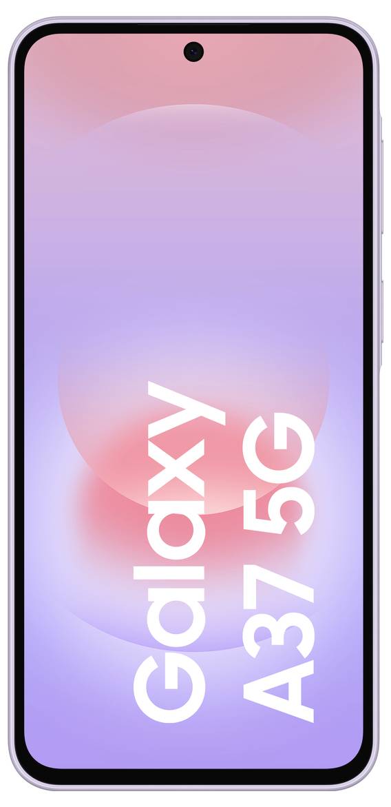 Samsung Galaxy A37 5G smartphone zobrazený zepředu s purpurovo-růžovým gradientem na displeji a centrálním otvorem pro selfie kameru, zobrazující text "Galaxy A37 5G".