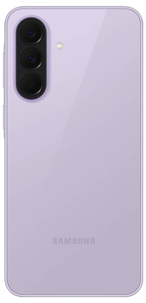 Zadní strana levandulového telefonu Samsung s vertikálním trojitým fotoaparátem a bliskem v levém horním rohu.