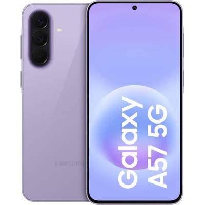 Smartphone Samsung Galaxy A57 5G zobrazený zepředu a zezadu v barvě levandule, s trojitým zadním fotoaparátem a displejem přes celou obrazovku.