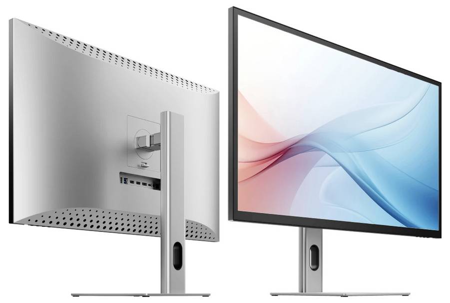 Přední a zadní pohled na moderní zakřivený počítačový monitor na stojanu, zobrazující displej a zadní porty, ve stylu produktové fotografie.