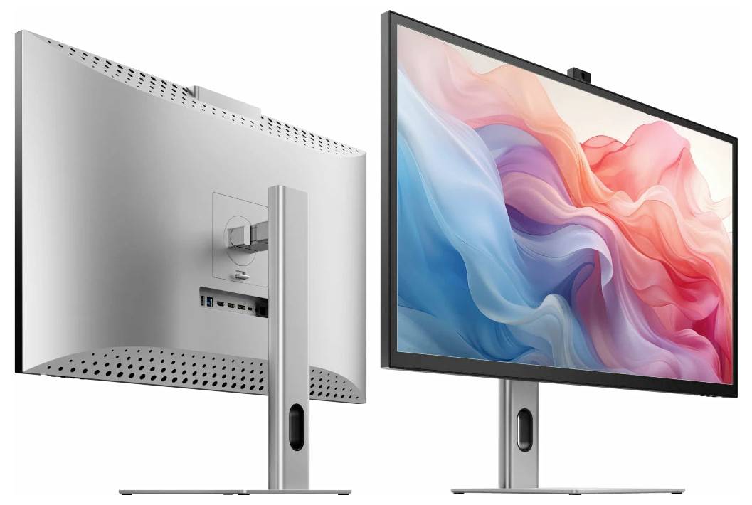 Dva pohledy na tenký stříbrný desktopový monitor na stojanu, přední pohled s barevným abstraktním zobrazením a zadní pohled s otvory a porty.