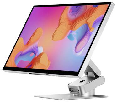 Stolní monitor ve stylu Apple na kovovém stojanu, zobrazený v profilu s barevným abstraktním displejem.