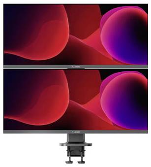 Dva naskládané monitory ASUS s živou červenou a fialovou abstraktní tapetou na stolním svěrákovém držáku.