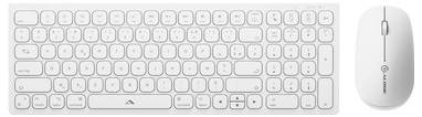 Bílá bezdrátová sada klávesnice a myši zobrazené vedle sebe na neutrálním světlém pozadí.