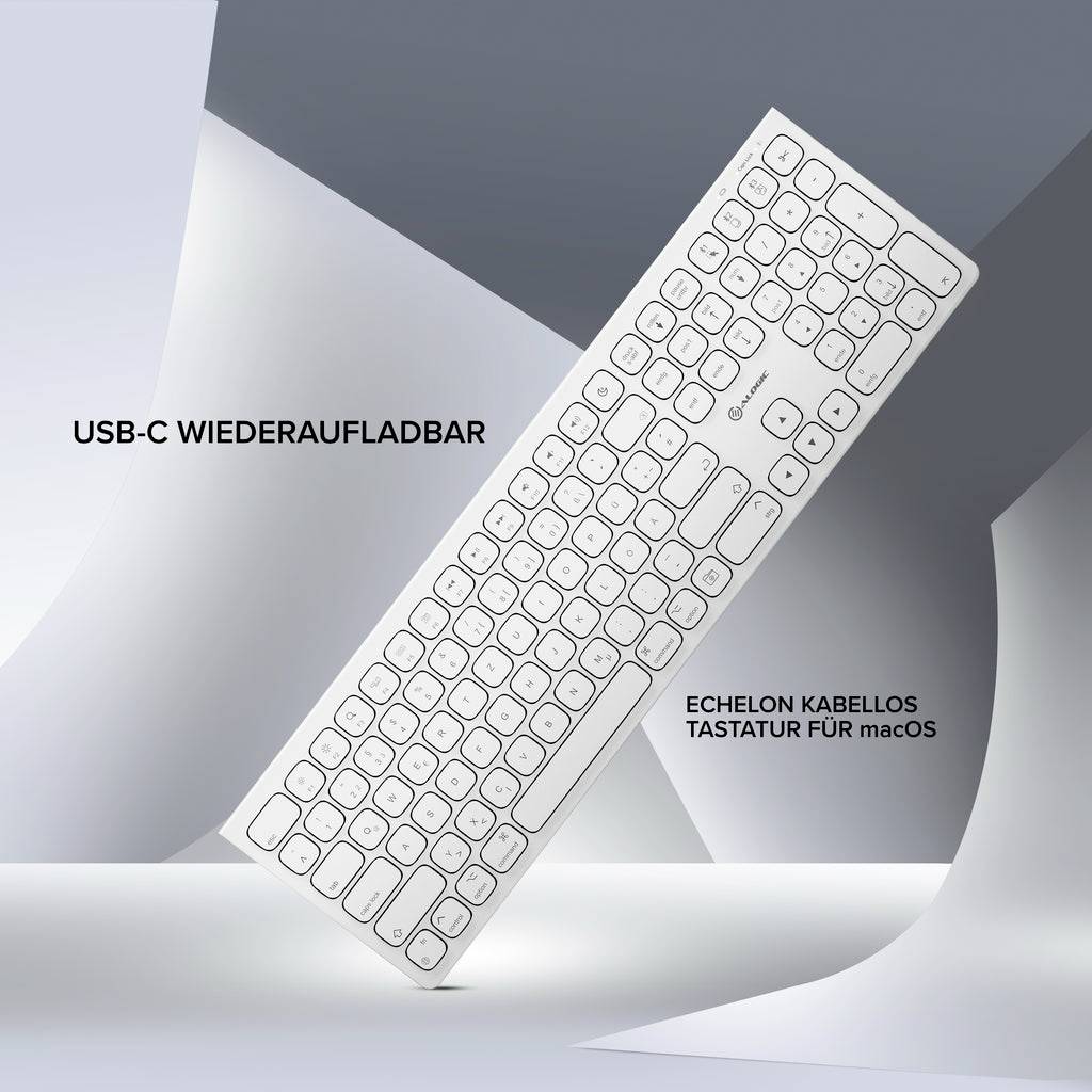 Bezdrátová klávesnice White Echelon nakloněná na šedém pozadí, označená "USB-C NABÍJECÍ" a "ECHELON BEZDRÁTOVÁ KLÁVESNICE PRO macOS".