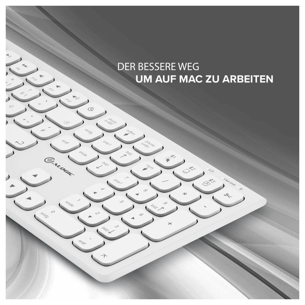 Propagační obrázek bílé bezdrátové klávesnice s německým textem: 'DER BESSERE WEG UM AUF MAC ZU ARBEITEN' ('Lepší způsob, jak pracovat na Macu').