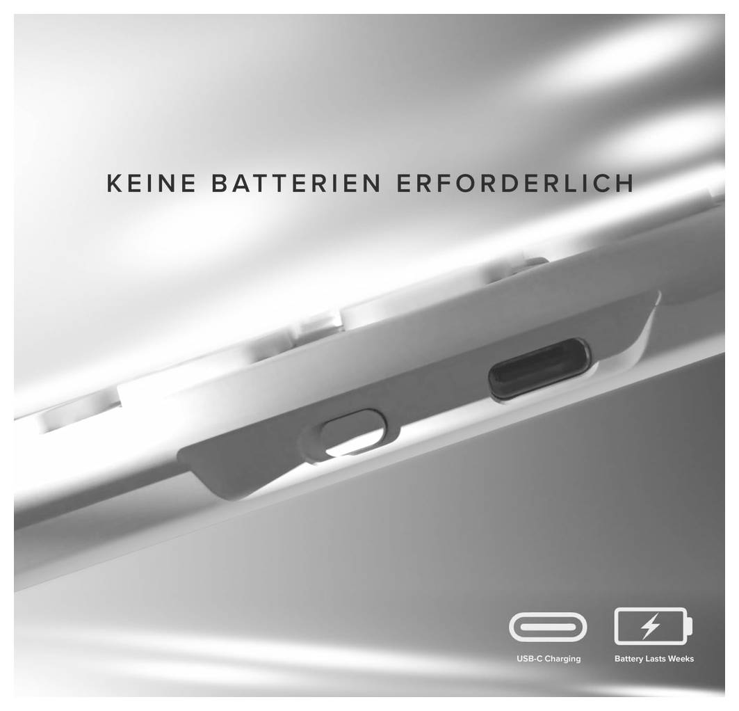 Produktová reklama zobrazující nabíjecí zařízení USB-C s textem „NENÍ VYŽADOVÁNA ŽÁDNÁ BATERIE" a ikonami udávajícími nabíjení USB-C a baterie vydrží týdny.
