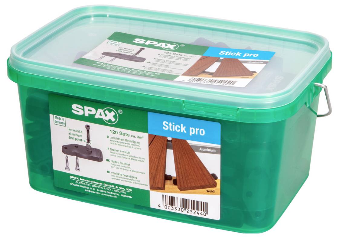 Zelená plastová krabice SPAX Stick pro skladování s průhledným víkem a štítky s produkty, zobrazená na bílém pozadí.