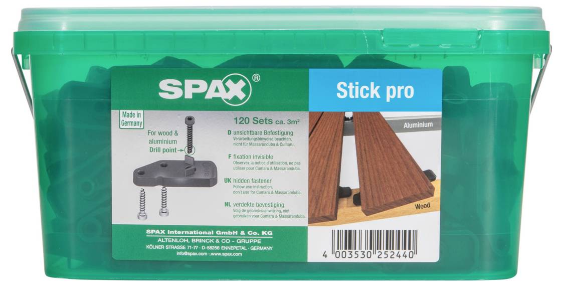 Zelená úložná krabice SPAX 'Stick pro' se 120 sadami vrutů do dřeva a hliníku s přilože­ným štítkem produktu a čárovým kódem.
