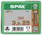 Krabice SPAX 3,5 x 25 mm T20 šroubů, označená '300', s kódy produktů, čárovým kódem, QR kódem a značením "Made in Germany".