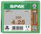 Balení šroubů SPAX T20 označené 300, 4 x 25, s čárovým kódem produktu a ilustrací šroubu na zelené krabici.